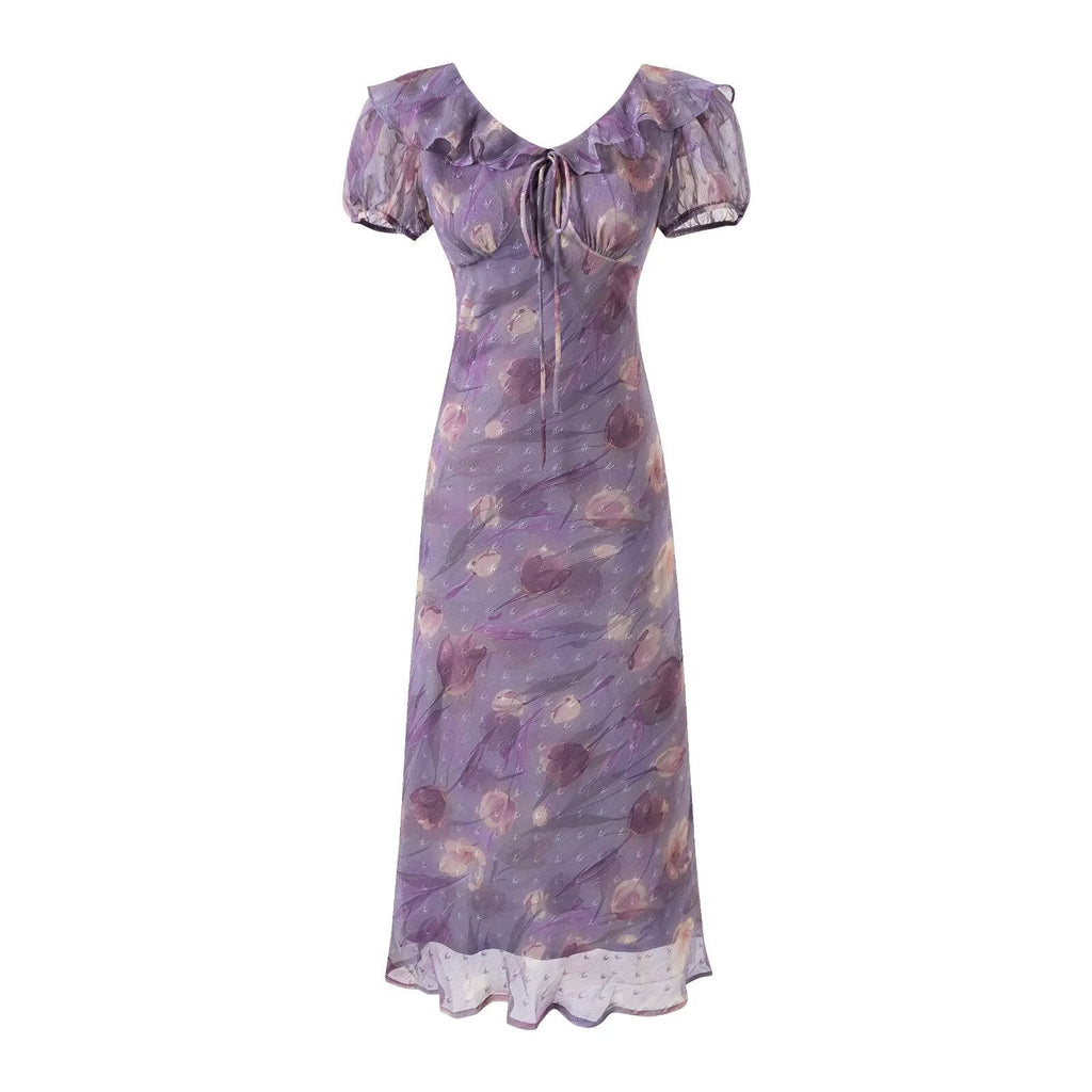 Geschnürtes, hellviolettes, gerüschtes Maxikleid für Damen, Sommer, tailliert, figurbetont