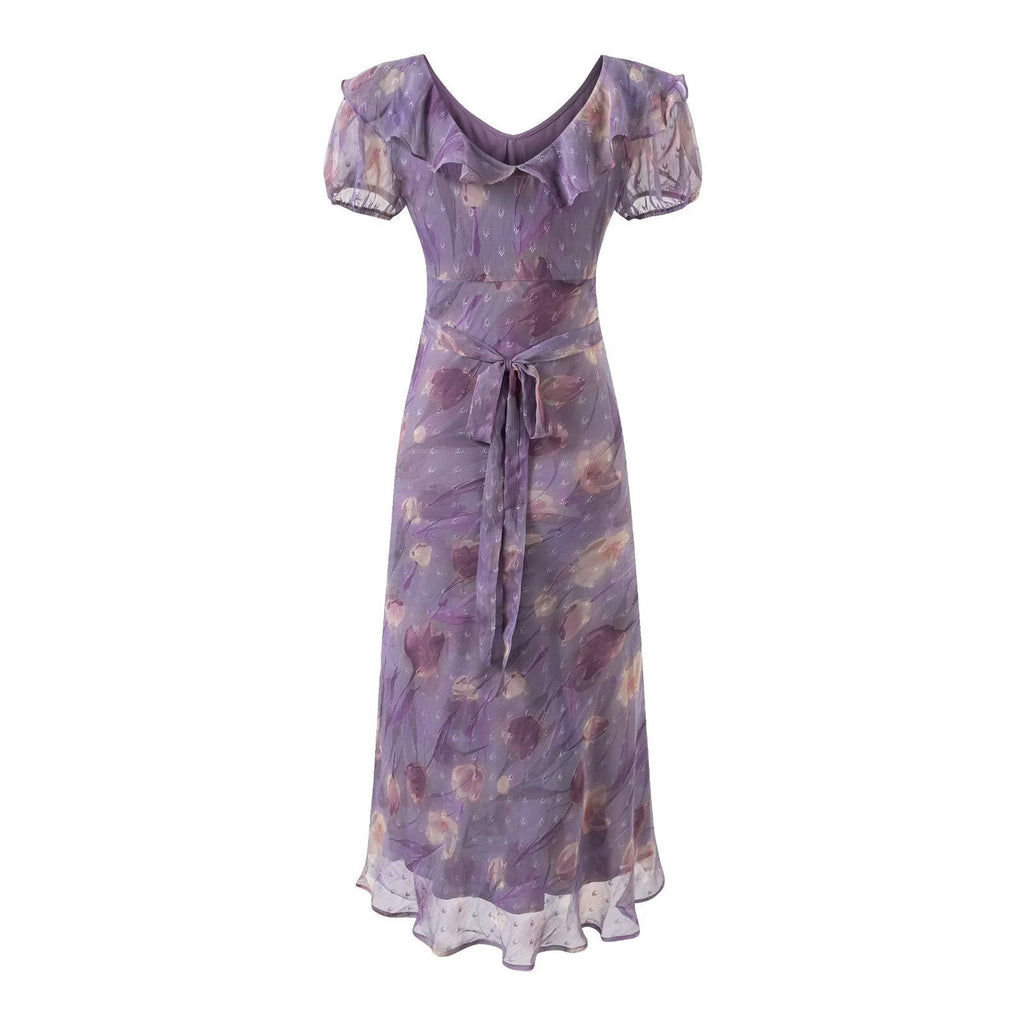 Geschnürtes, hellviolettes, gerüschtes Maxikleid für Damen, Sommer, tailliert, figurbetont