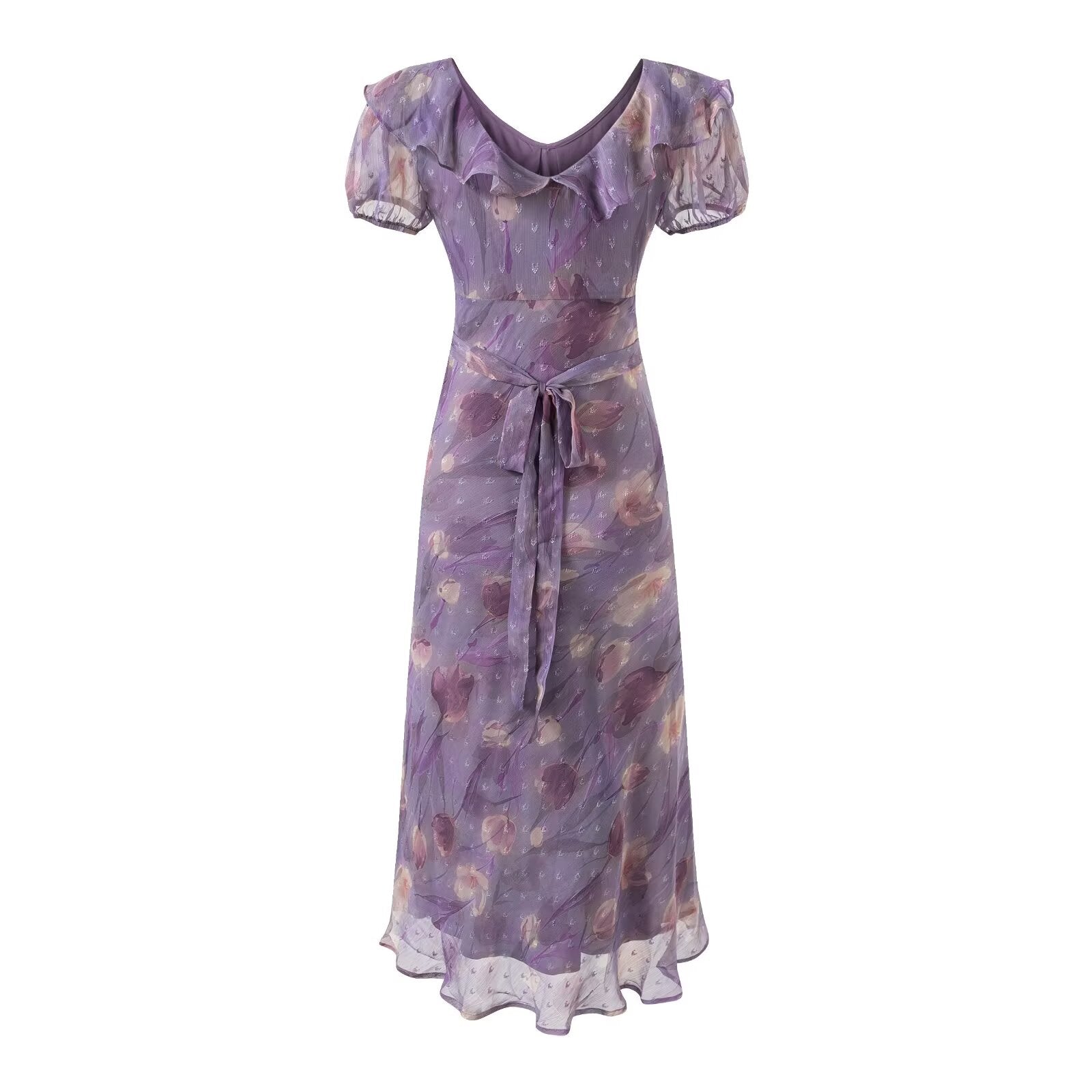 Geschnürtes, hellviolettes, gerüschtes Maxikleid für Damen, Sommer, tailliert, figurbetont