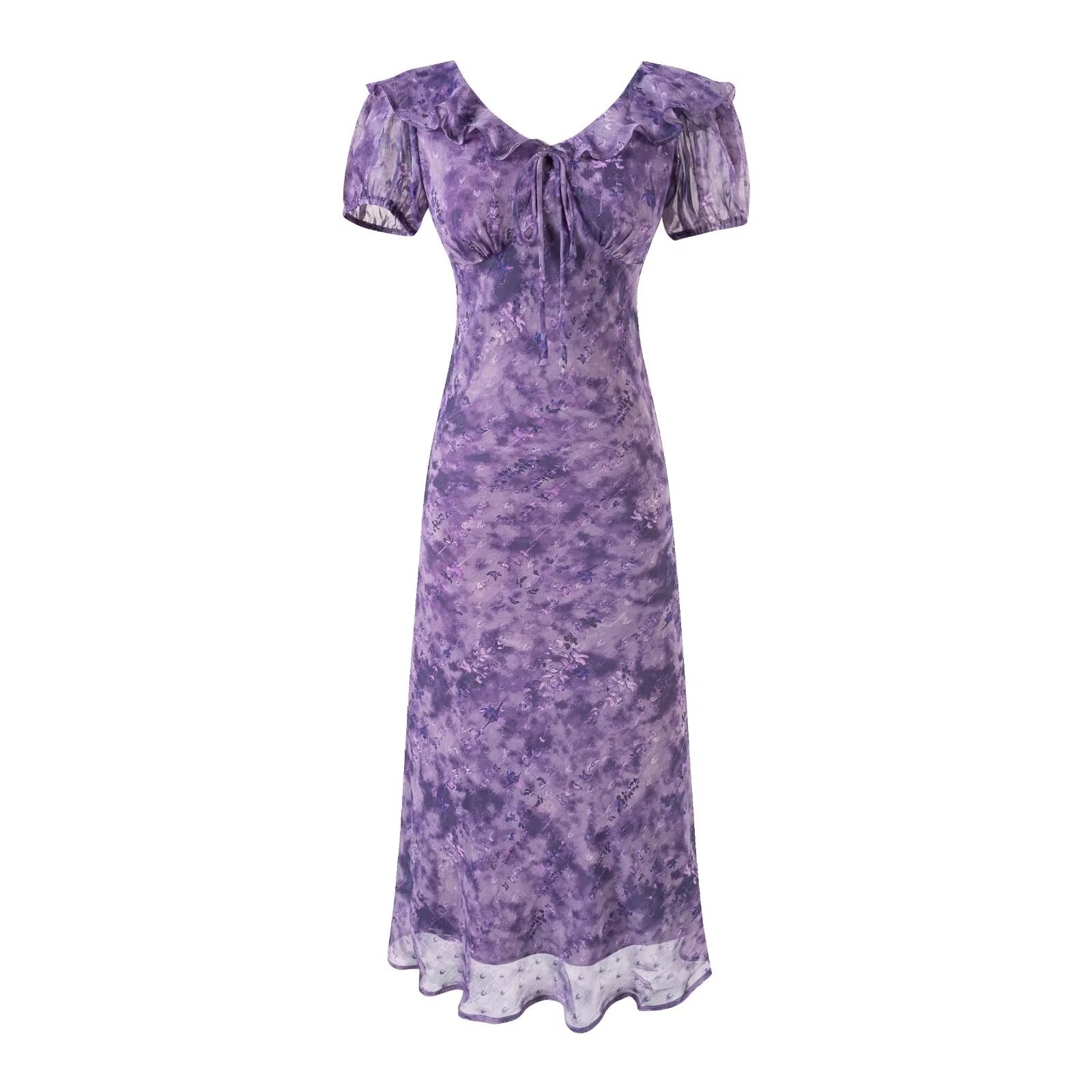 Robe longue violette d'été pour femmes, avec col à volants, manches courtes bouffantes, décolleté lacé et taille amincissante