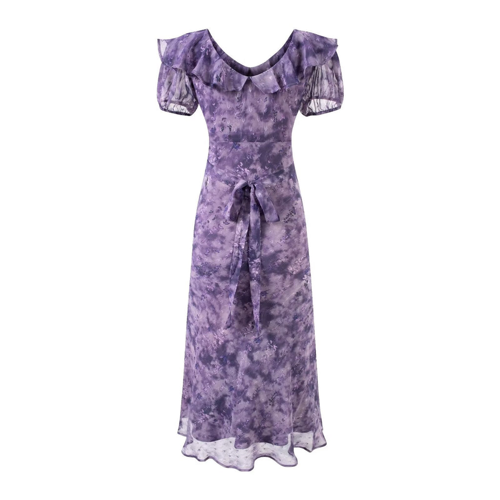 Robe longue violette d'été pour femmes, avec col à volants, manches courtes bouffantes, décolleté lacé et taille amincissante
