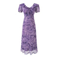 Robe longue violette d'été pour femmes, avec col à volants, manches courtes bouffantes, décolleté lacé et taille amincissante