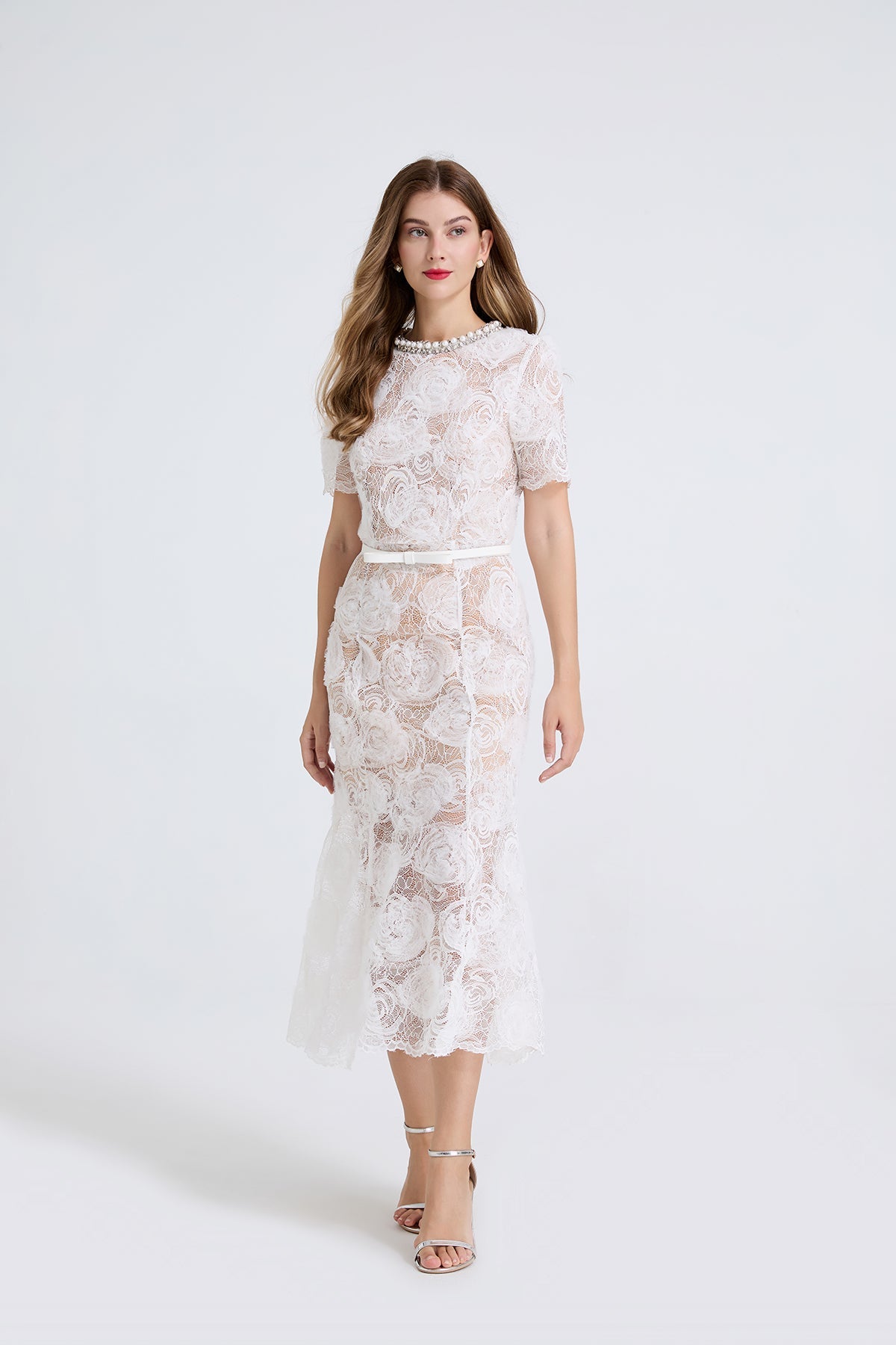 Robe sirène moulante en dentelle transparente ornée de perles et de strass pour femme