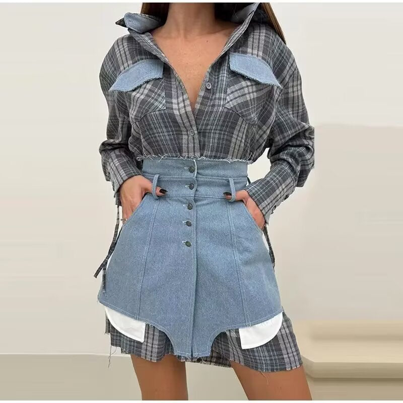 Vêtements féminins Ensemble jupe et chemise à carreaux deux pièces