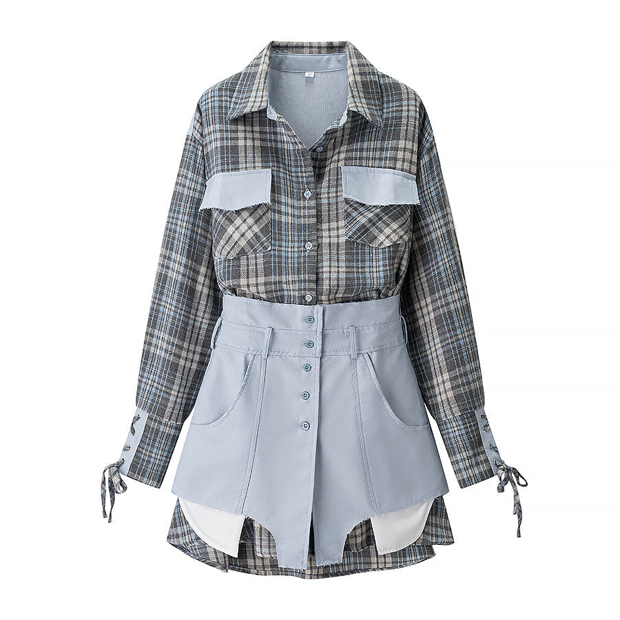 Vêtements féminins Ensemble jupe et chemise à carreaux deux pièces