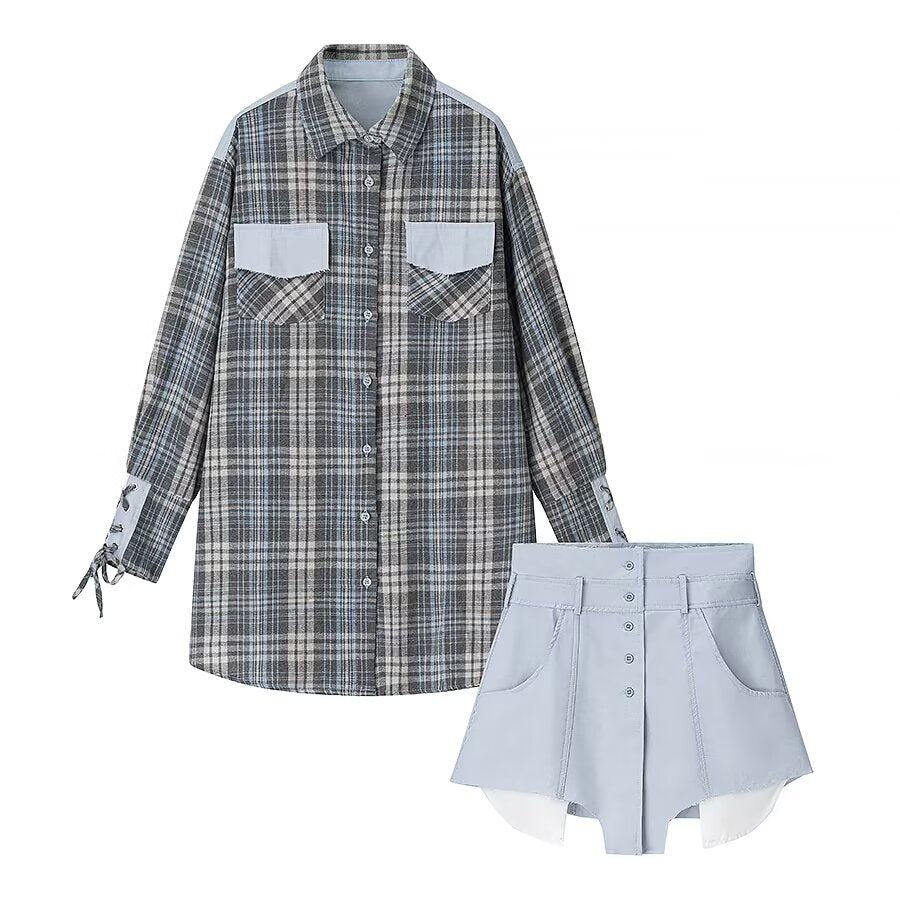 Vêtements féminins Ensemble jupe et chemise à carreaux deux pièces