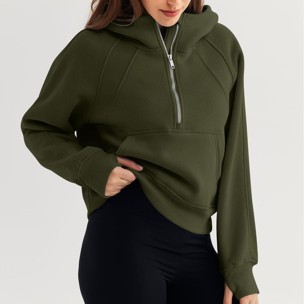 Damen Half-Zip Pullover Hoodie Fleece Kurz Schicker Scuba-Sweater