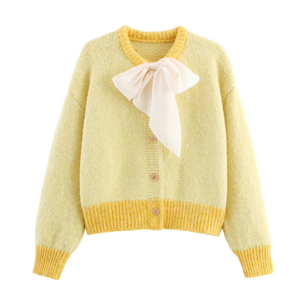Vêtements Femme Automne Col Rond Manches Longues Nœud Décoratif Tricot Cardigan