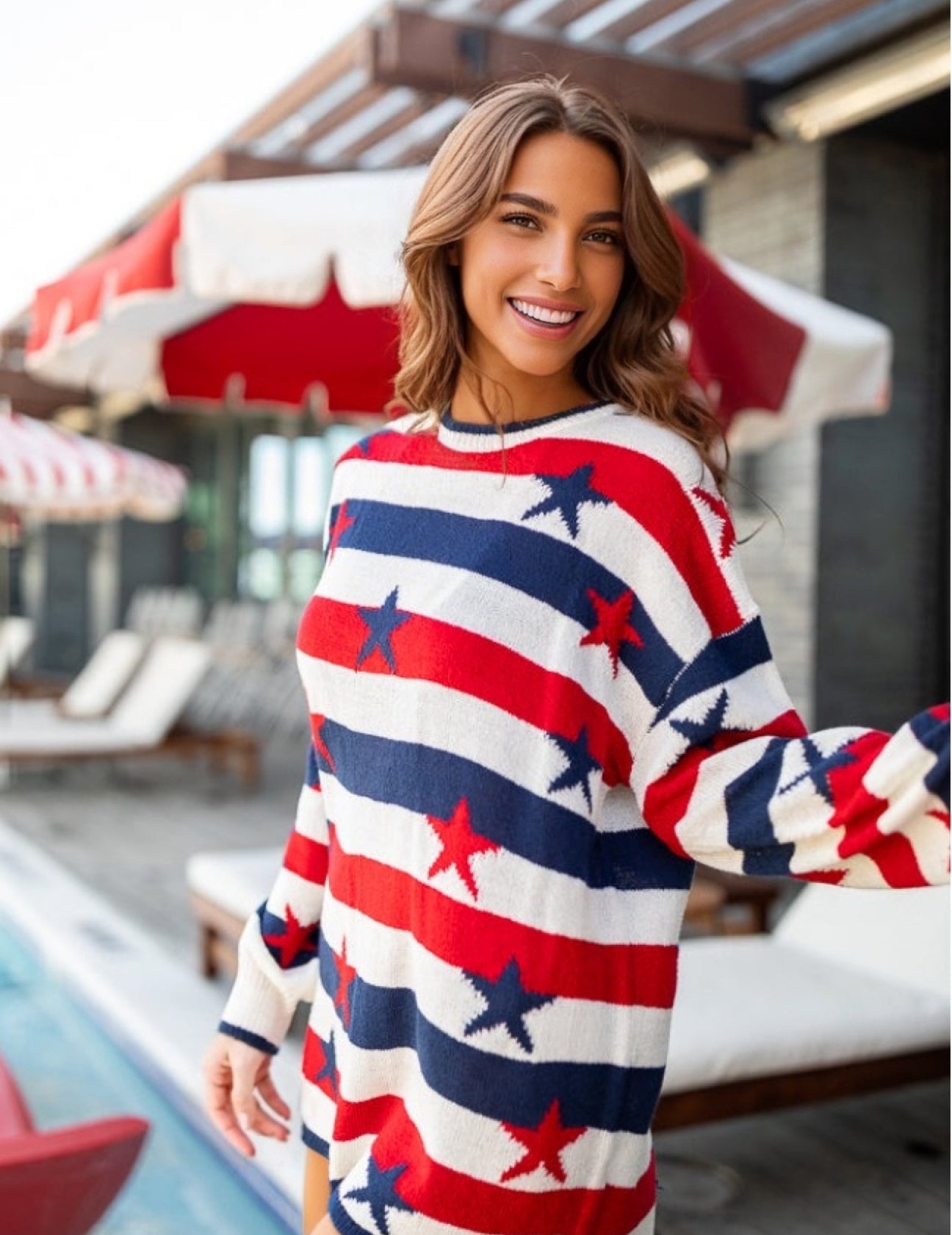 Oumeiya – Pull à rayures, ample, à manches longues, imprimé drapeau, pour femme