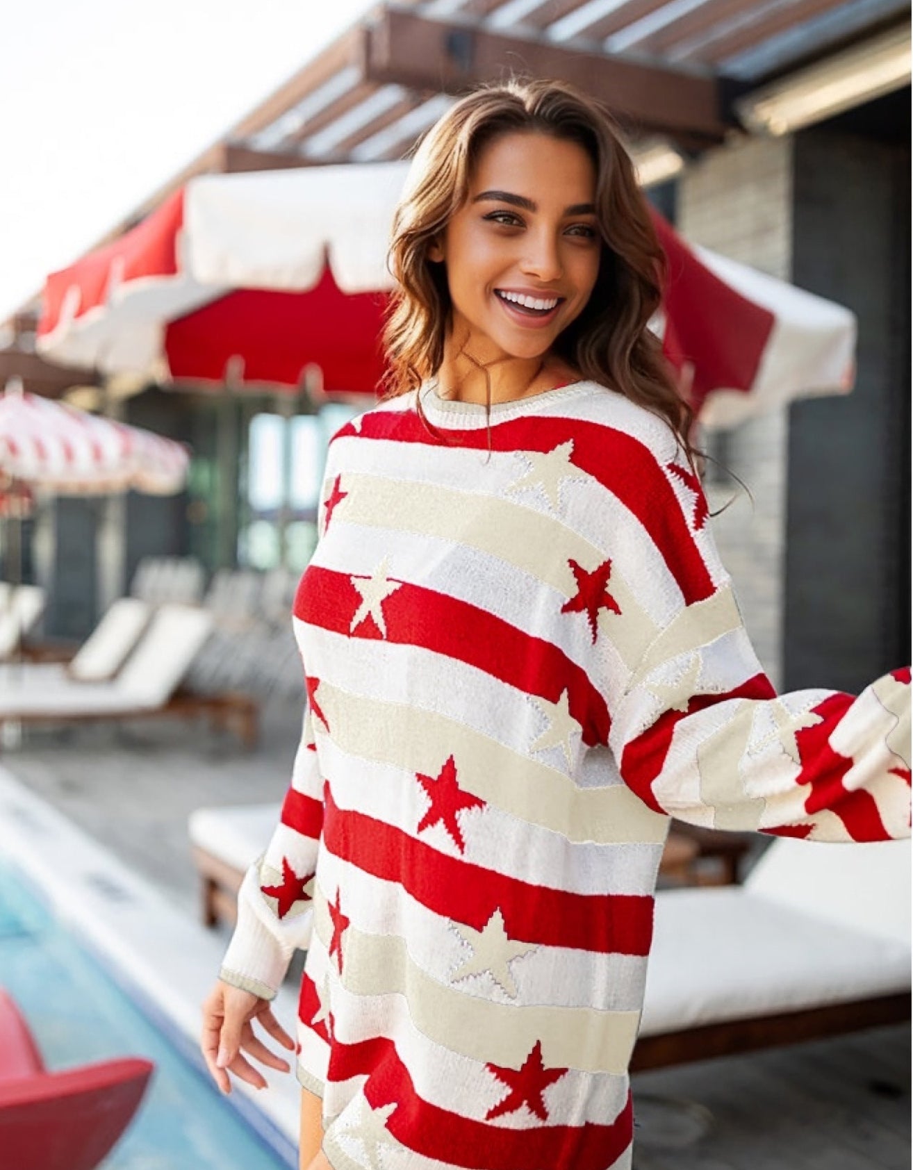 Oumeiya Bedruckter Damen-Pullover mit langen Ärmeln und Streifenmuster