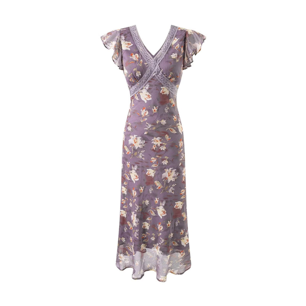 Robe longue élégante d'été romantique à manches volantes en dentelle avec col en V et patchwork floral ajustée