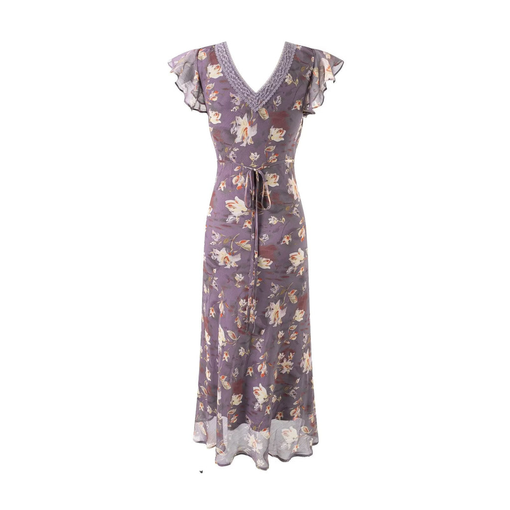 Robe longue élégante d'été romantique à manches volantes en dentelle avec col en V et patchwork floral ajustée