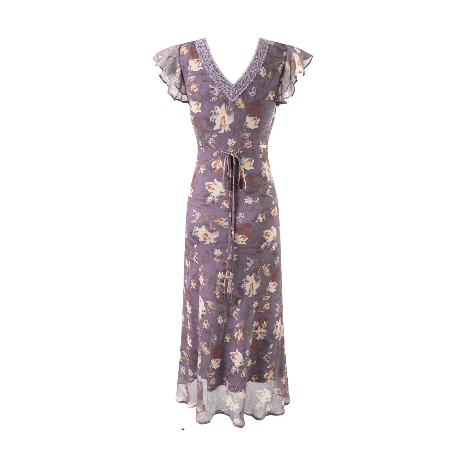 Robe longue élégante d'été romantique à manches volantes en dentelle avec col en V et patchwork floral ajustée