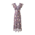 Robe longue élégante d'été romantique à manches volantes en dentelle avec col en V et patchwork floral ajustée