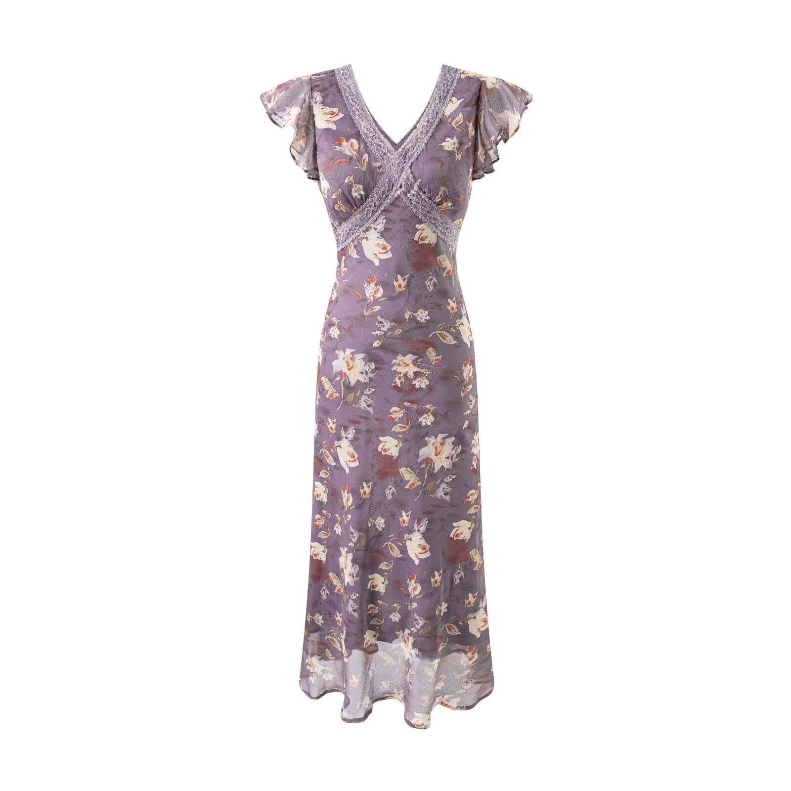 Robe longue élégante d'été romantique à manches volantes en dentelle avec col en V et patchwork floral ajustée