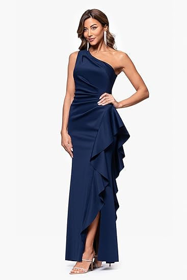Robe de soirée asymétrique élégante, couleur unie, taille cintrée, fendue, coupe sirène et volants latéraux