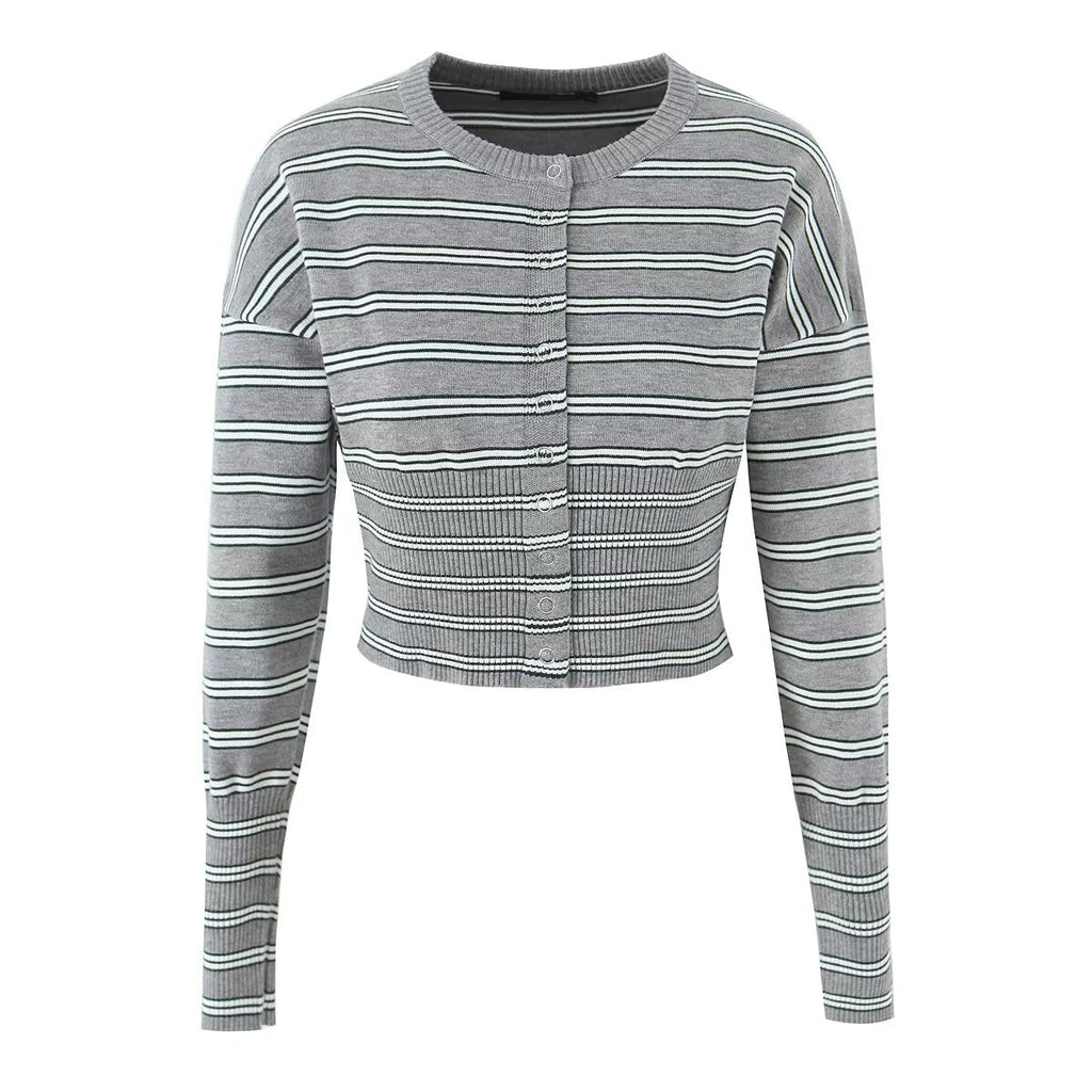 Haut pull rayé d'automne sexy, slim, amincissant, manteau cardigan boutonné pour femme