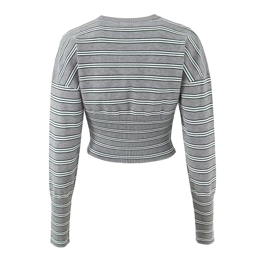 Haut pull rayé d'automne sexy, slim, amincissant, manteau cardigan boutonné pour femme
