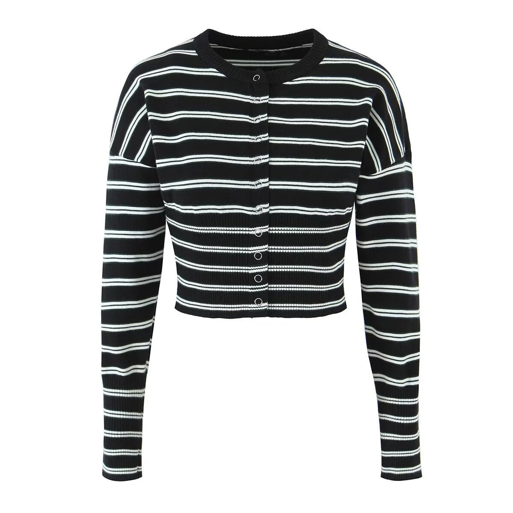 Haut pull rayé d'automne sexy, slim, amincissant, manteau cardigan boutonné pour femme