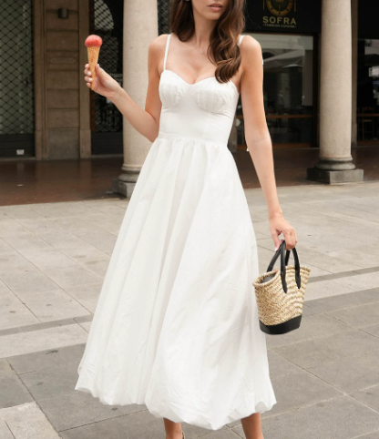 Robe Ballon en Coton à Bretelles, Robe d'Été Taille Serrée, Robe Évasée Bulle, Robe en Pur Coton pour Femme