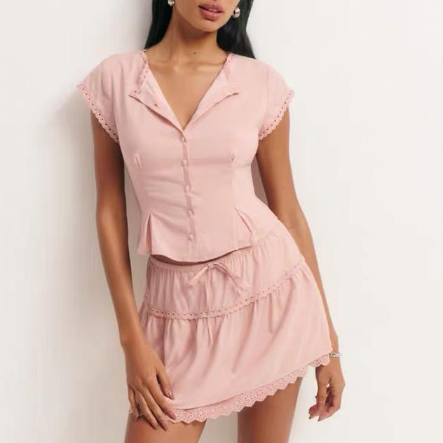 Damen Spitzen-Oberteil mit fliegenden Ärmeln, Nähten, hoher Taille und elastischem Rock-Set
