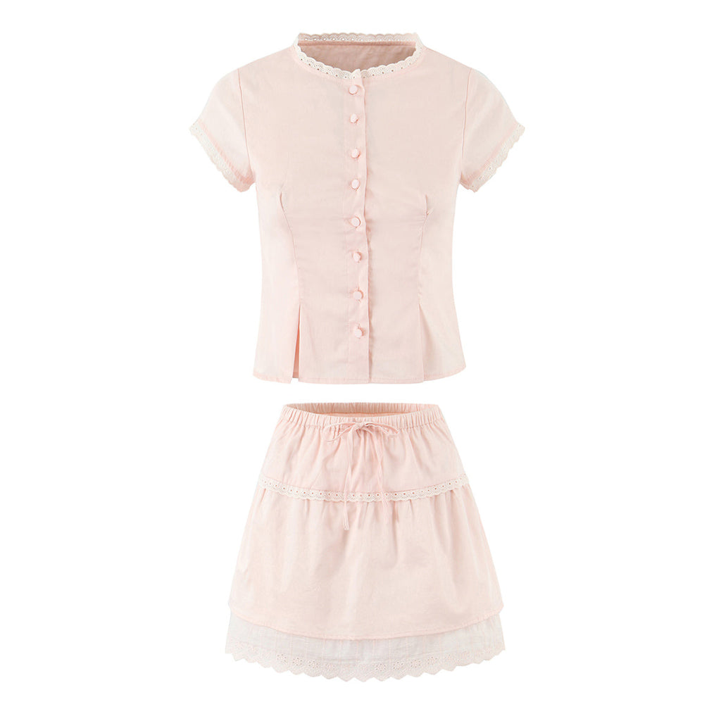 Damen Spitzen-Oberteil mit fliegenden Ärmeln, Nähten, hoher Taille und elastischem Rock-Set