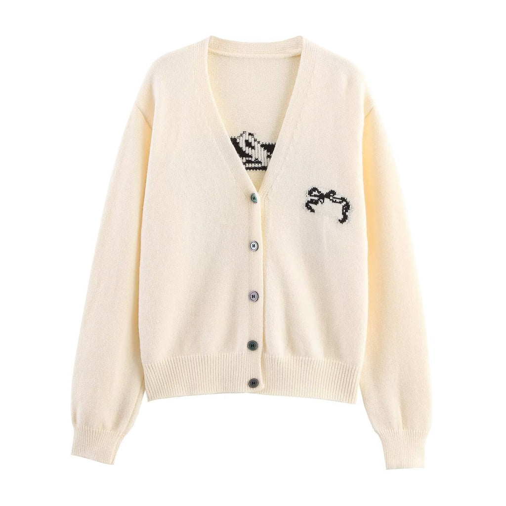 Pull jacquard ample décontracté pour femme avec nœud, idéal pour l'automne