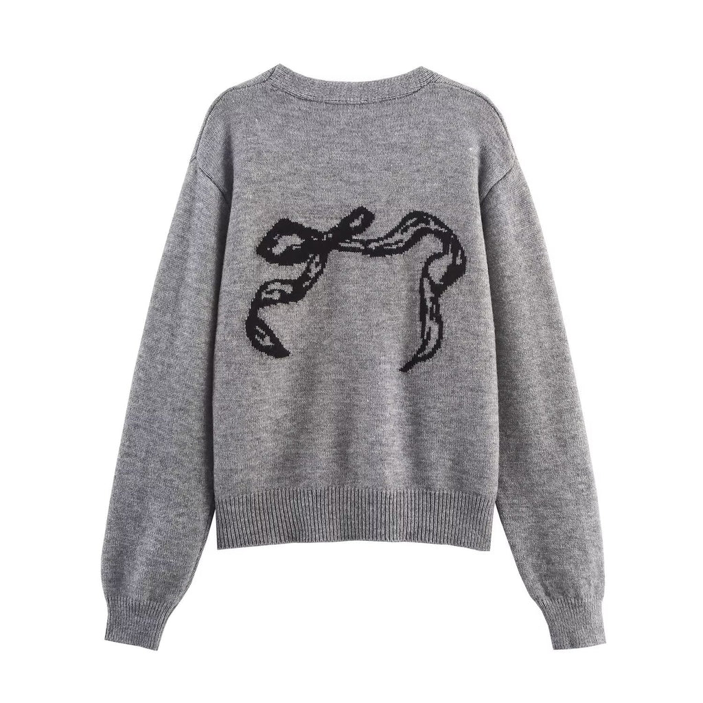 Pull jacquard ample décontracté pour femme avec nœud, idéal pour l'automne