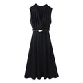 Robe midi décontractée d'été pour femme, coupe ajustée, couleur unie, col en V, avec ceinture et coutures.