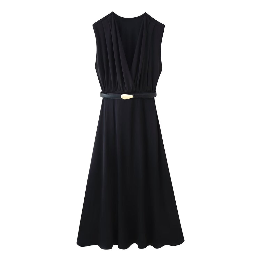 Robe midi décontractée d'été pour femme, coupe ajustée, couleur unie, col en V, avec ceinture et coutures.