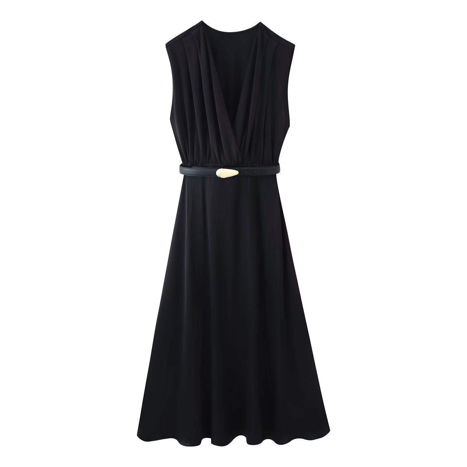 Robe midi décontractée d'été pour femme, coupe ajustée, couleur unie, col en V, avec ceinture et coutures.