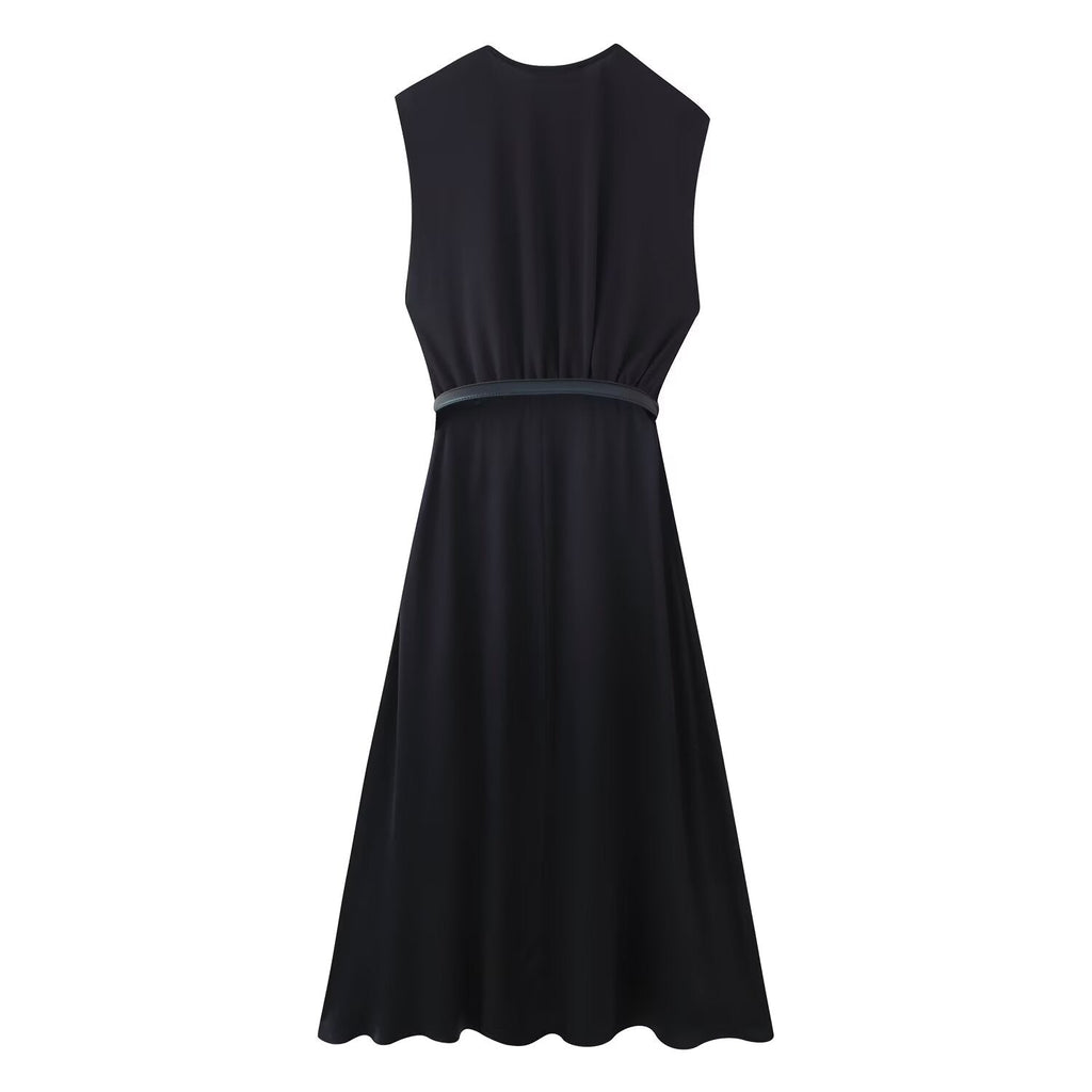 Robe midi décontractée d'été pour femme, coupe ajustée, couleur unie, col en V, avec ceinture et coutures.