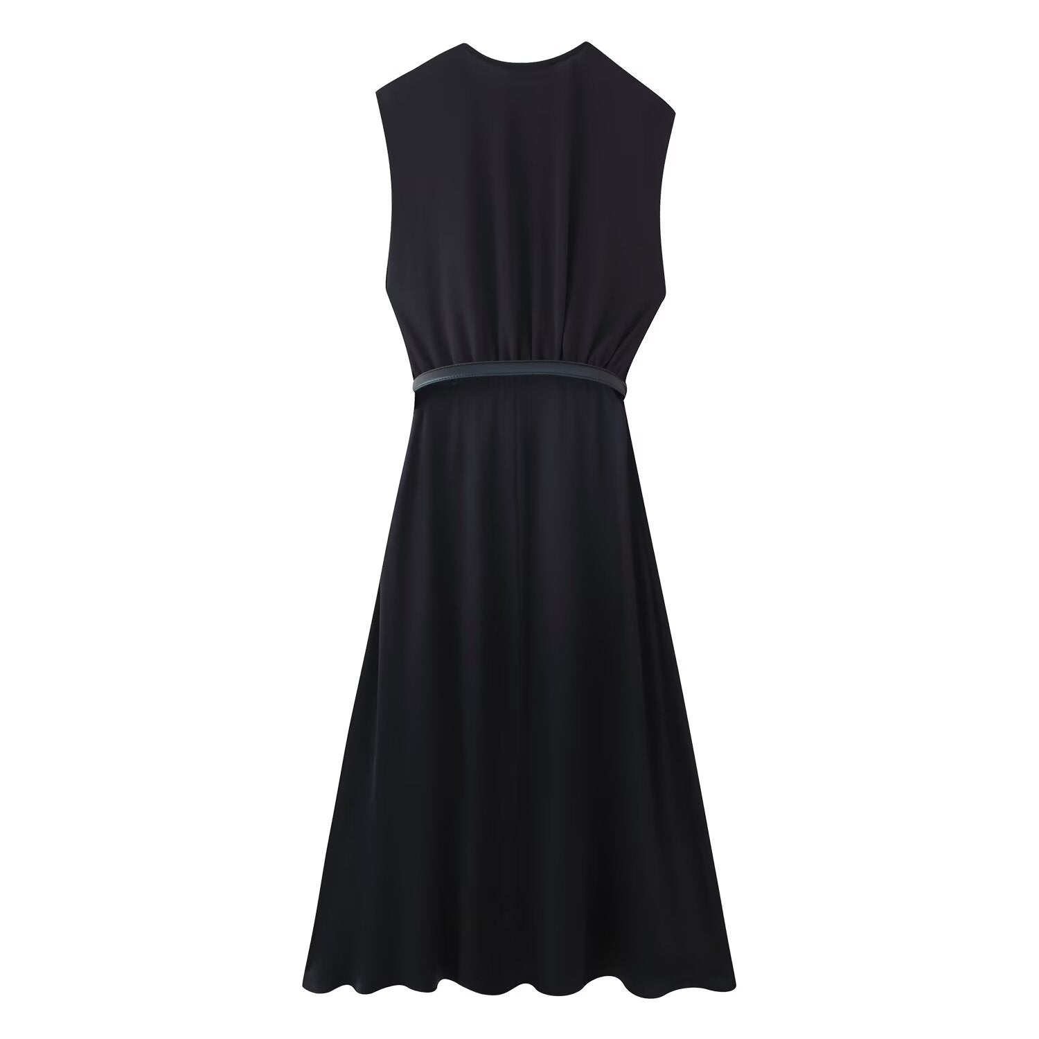 Robe midi décontractée d'été pour femme, coupe ajustée, couleur unie, col en V, avec ceinture et coutures.