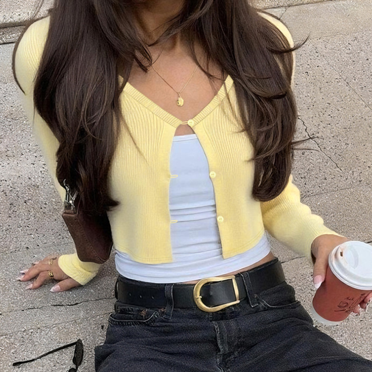 Damenbekleidung Sommer Sexy Cardigan Button Cropped Langarm T-Shirt Top