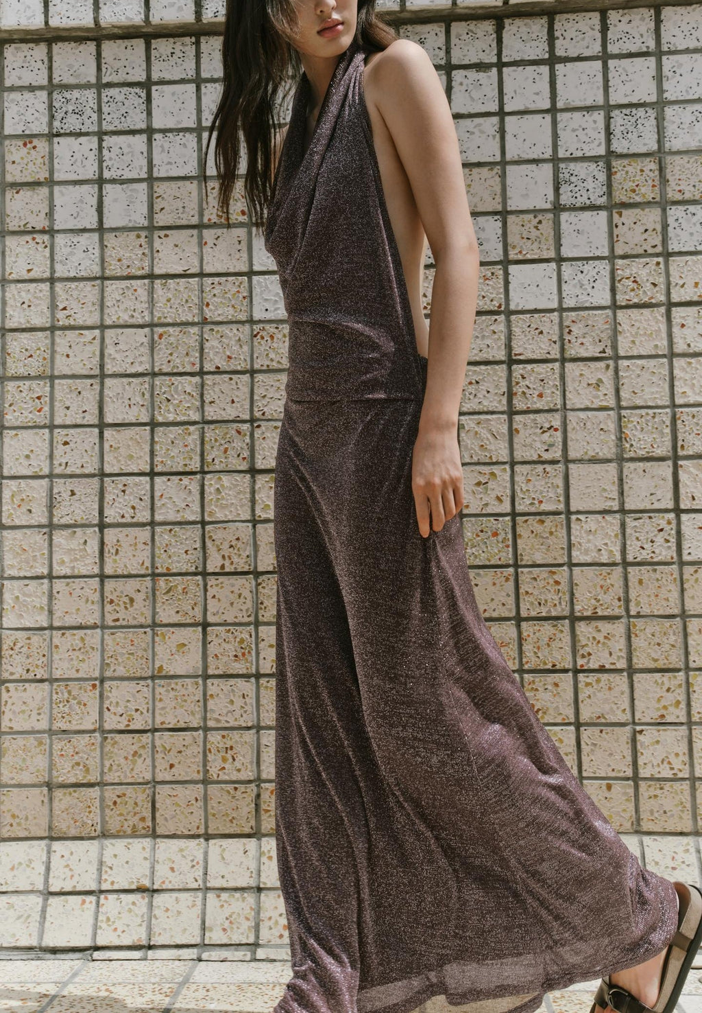 Damenbekleidung Herbst Rückenloses Metallic-Kleid