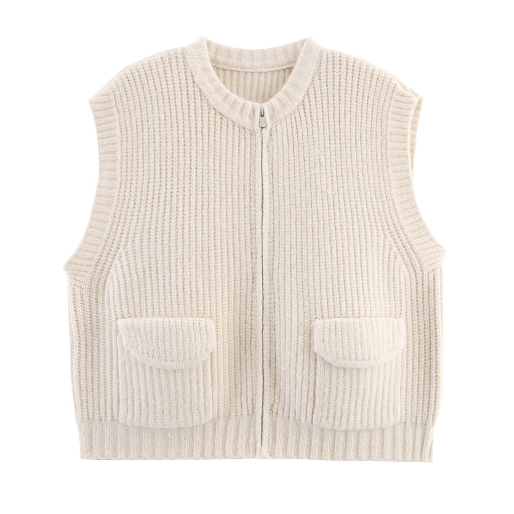 Herbst Damenbekleidung Grobstrick Rundhals-Taschenpullover Reißverschluss-Strickjacke Weste