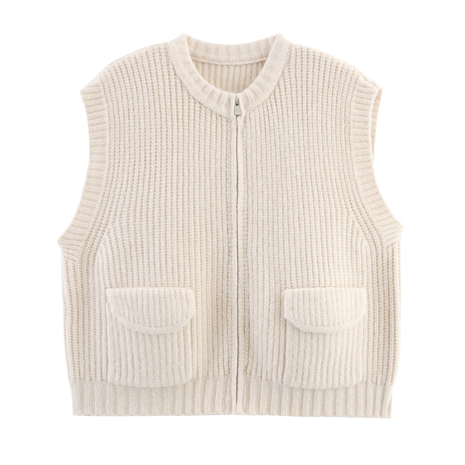 Herbst Damenbekleidung Grobstrick Rundhals-Taschenpullover Reißverschluss-Strickjacke Weste