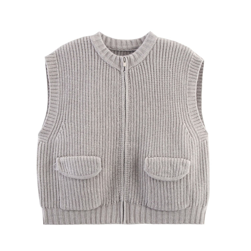 Herbst Damenbekleidung Grobstrick Rundhals-Taschenpullover Reißverschluss-Strickjacke Weste
