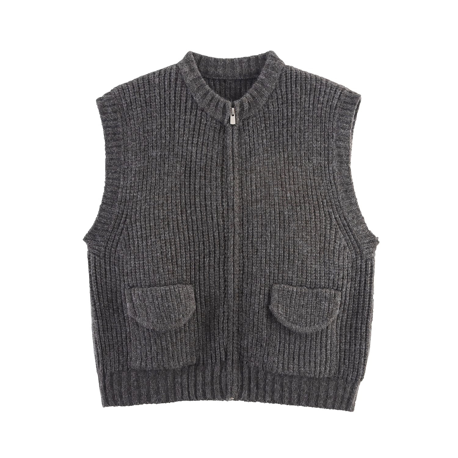 Herbst Damenbekleidung Grobstrick Rundhals-Taschenpullover Reißverschluss-Strickjacke Weste