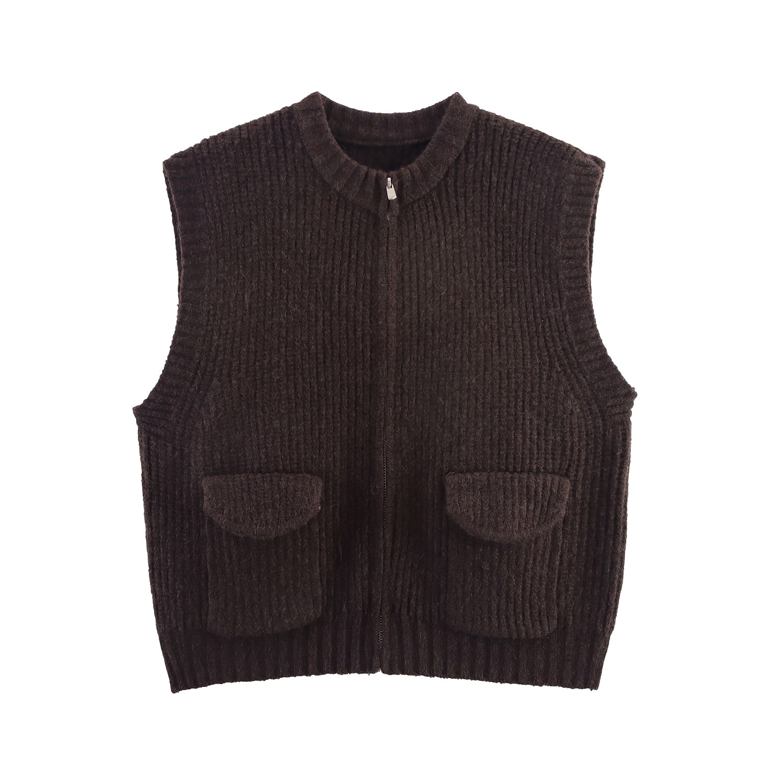 Herbst Damenbekleidung Grobstrick Rundhals-Taschenpullover Reißverschluss-Strickjacke Weste