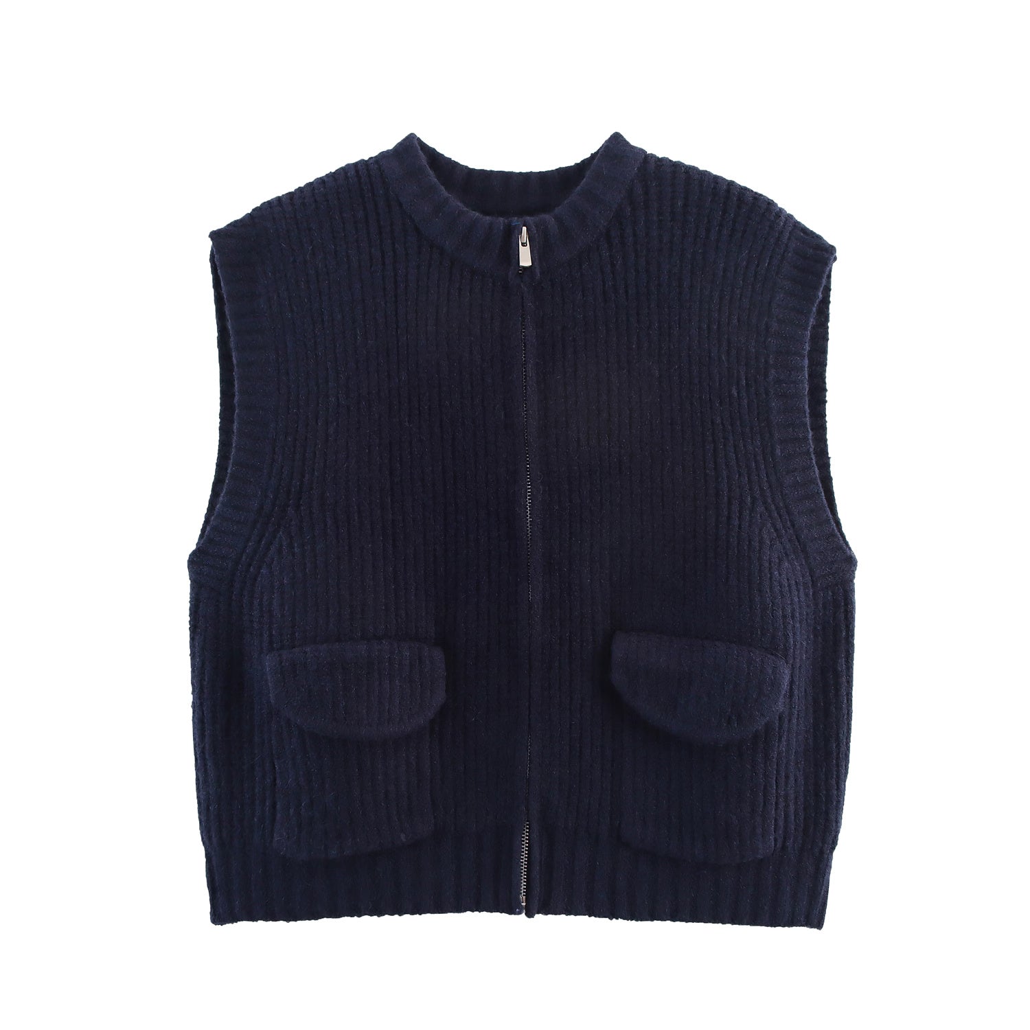 Herbst Damenbekleidung Grobstrick Rundhals-Taschenpullover Reißverschluss-Strickjacke Weste