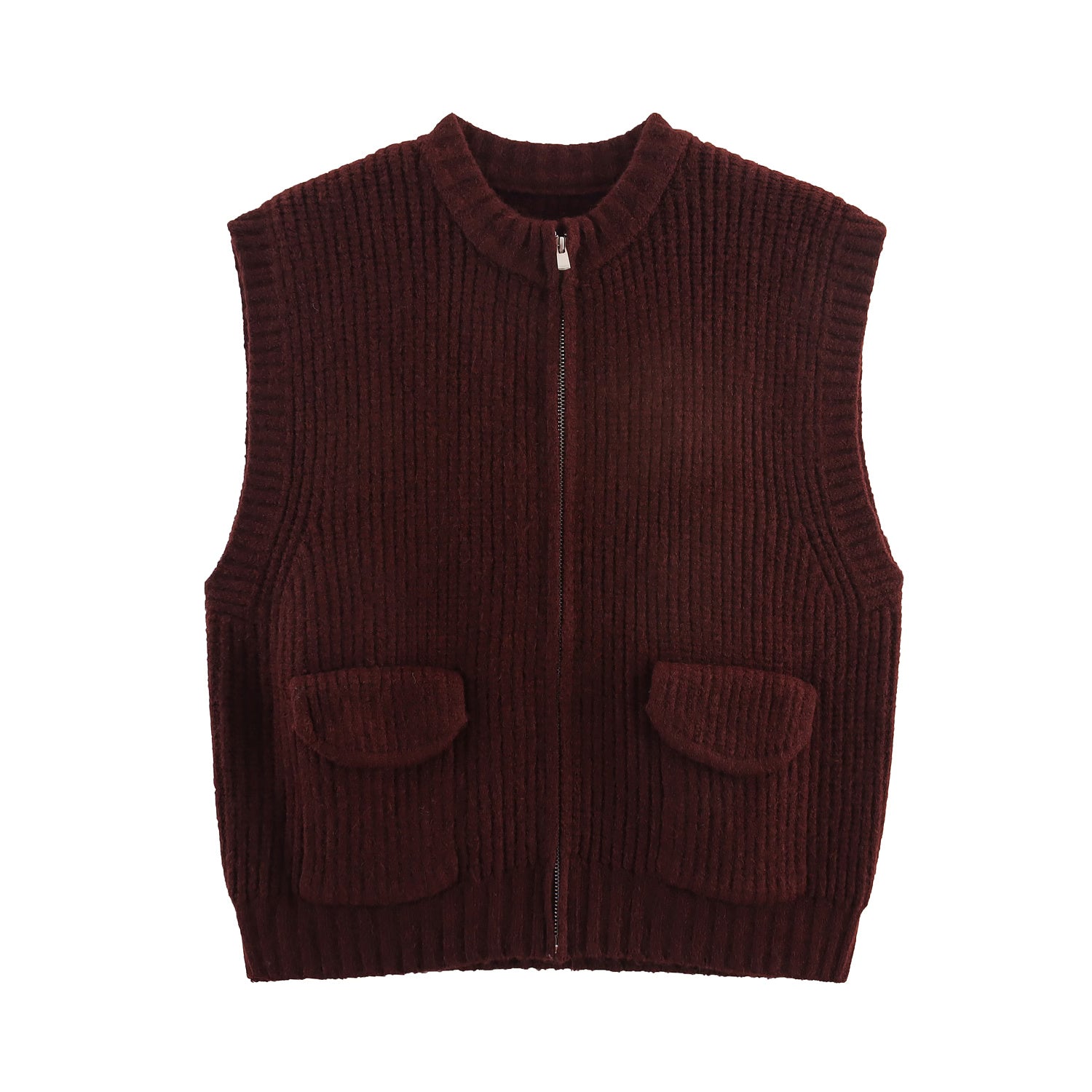 Herbst Damenbekleidung Grobstrick Rundhals-Taschenpullover Reißverschluss-Strickjacke Weste