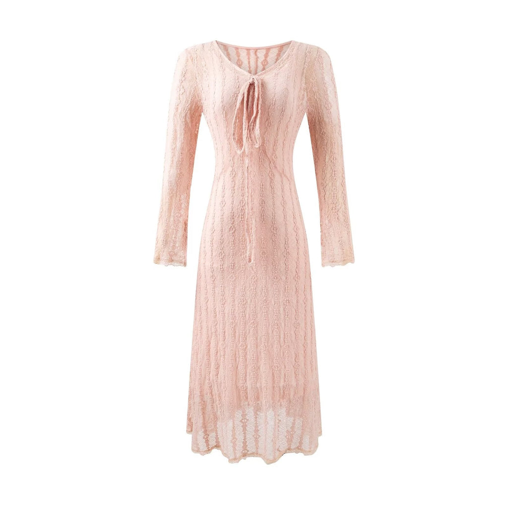 Süßes Jacquard-Gitter-Chic-Langarmkleid Herbst Elegantes Slim Midi-Kleid