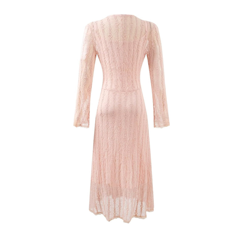 Süßes Jacquard-Gitter-Chic-Langarmkleid Herbst Elegantes Slim Midi-Kleid