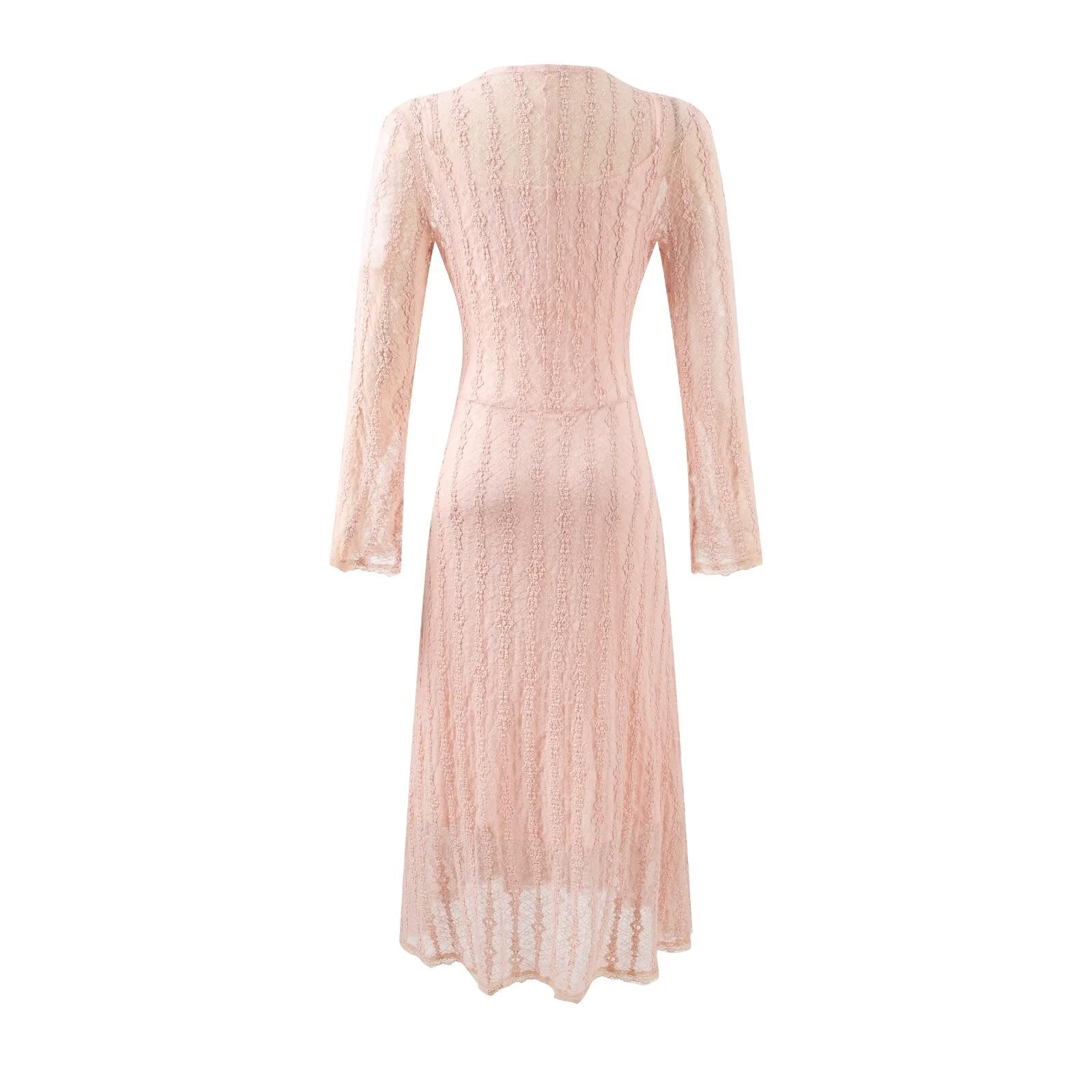 Süßes Jacquard-Gitter-Chic-Langarmkleid Herbst Elegantes Slim Midi-Kleid