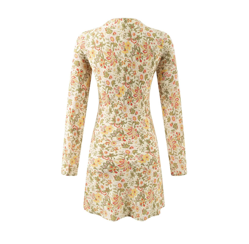 Robe d'été décontractée et élégante à imprimé floral, col en V et manches longues.