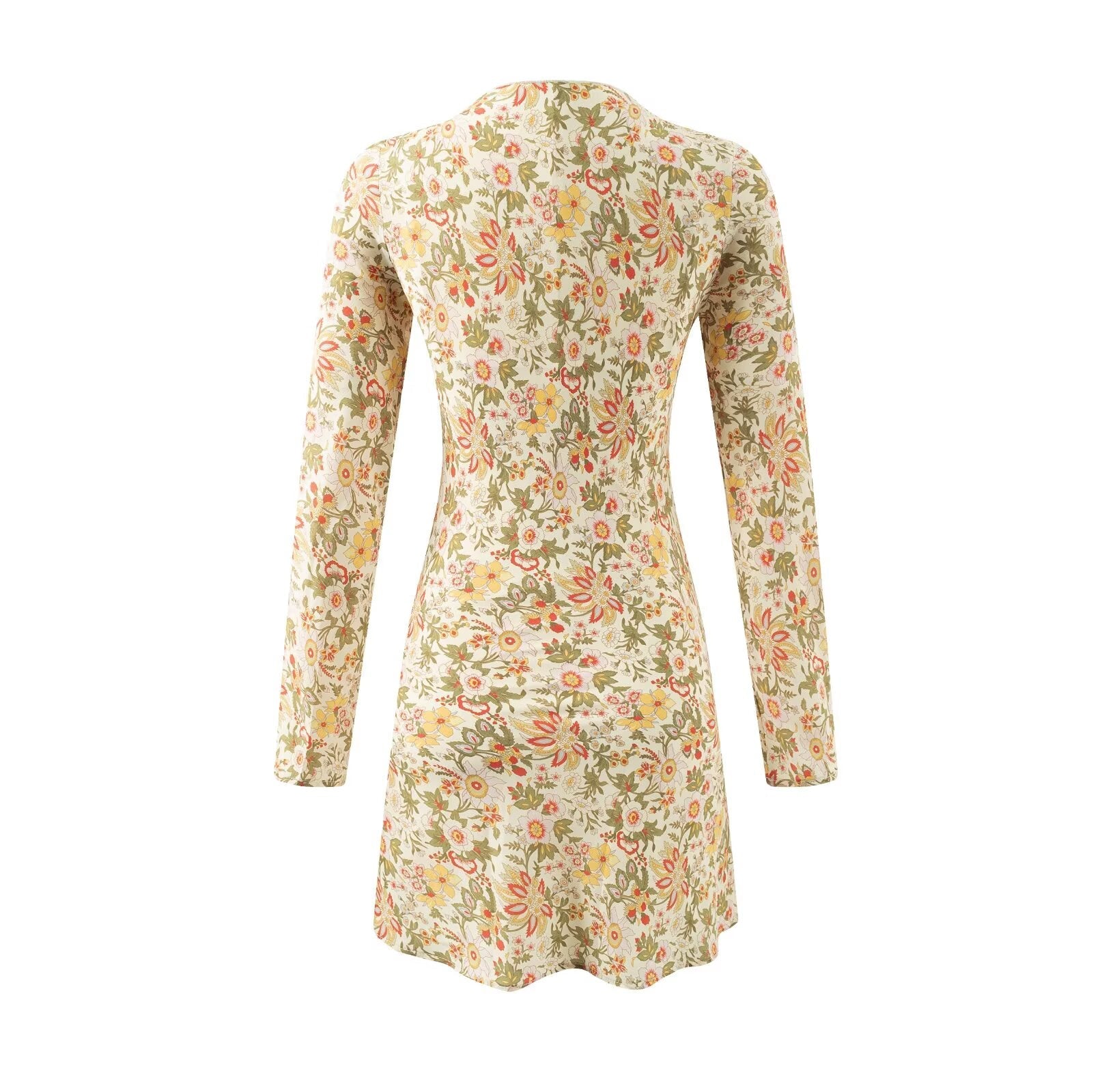 Robe d'été décontractée et élégante à imprimé floral, col en V et manches longues.