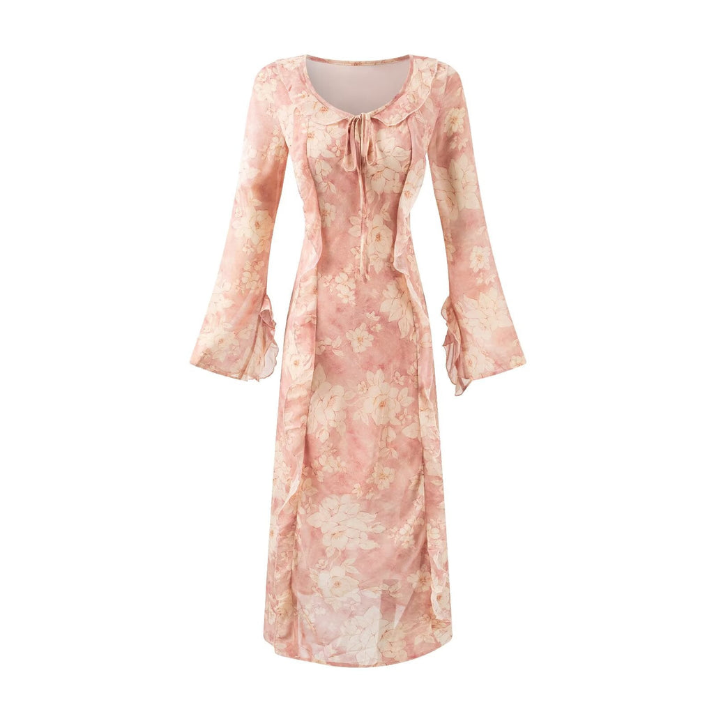 Robe imprimée mi-longue à manches cloche pour femme
