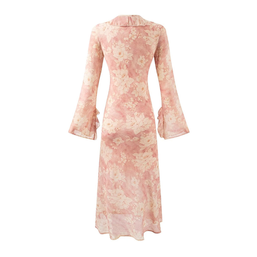 Robe imprimée mi-longue à manches cloche pour femme