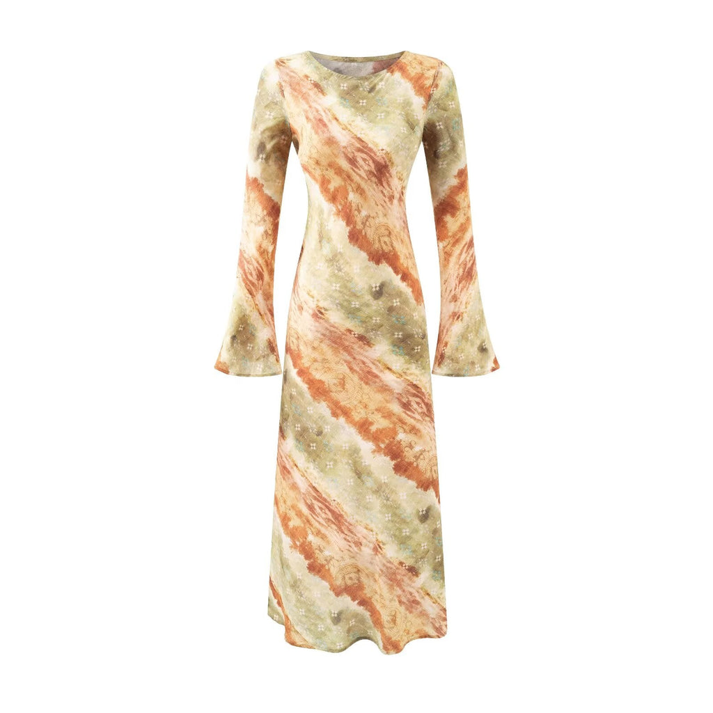 Robe longue de vacances chic et évasée à manches longues à imprimé vintage et col rond